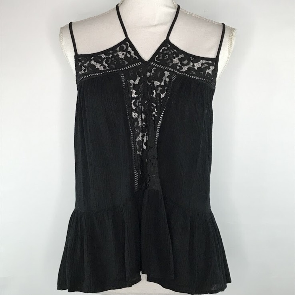 Black Rainn Womens Size M Blouse Top Spaghetti Strap Open Back Lace Black